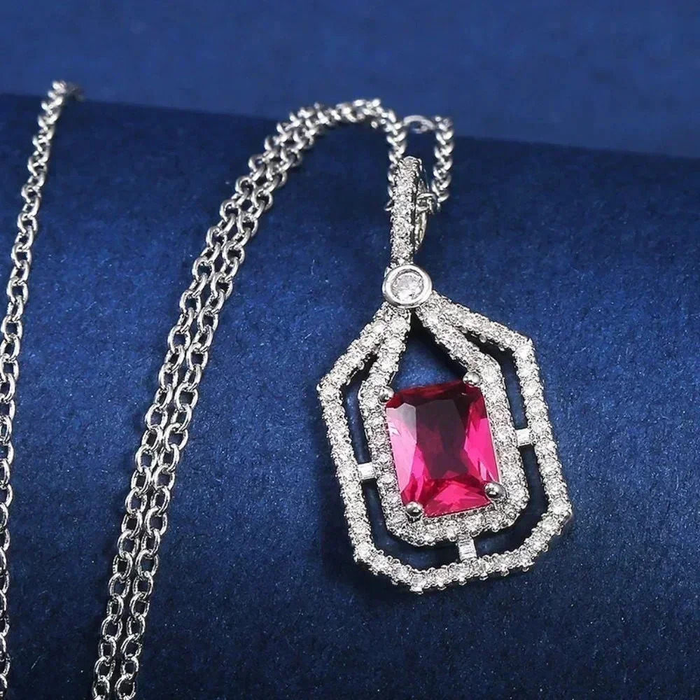 💥 Double Layer Hollow Ruby Radiant Cut Red Zircon Micro Pave Necklace, EVGG1067 - Picture 2 of 6